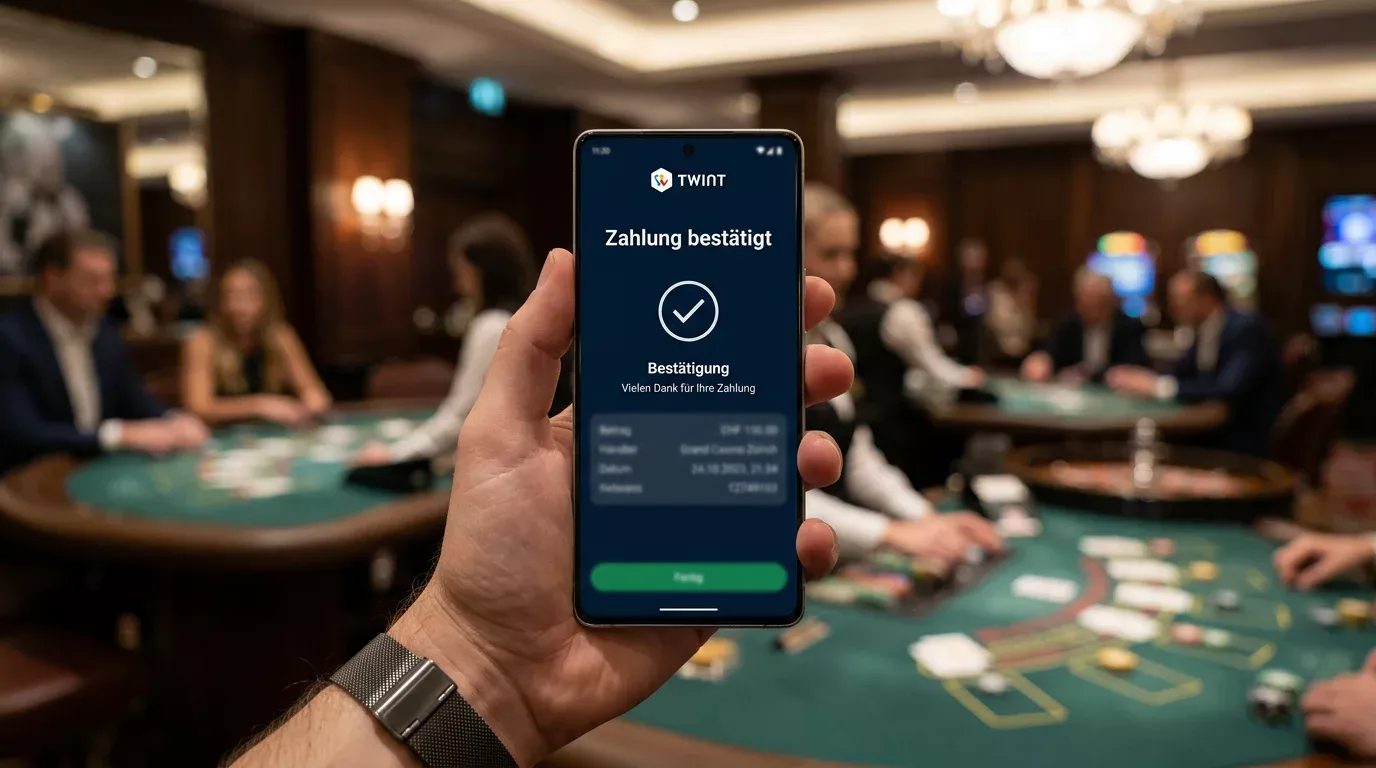 TWINT-Casino-Einzahlung auf dem Smartphone — Schweizer Online-Casino im Hintergrund