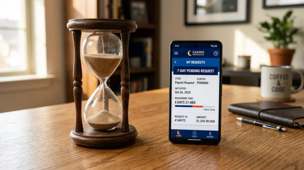 Sanduhr neben Smartphone zeigt 7-Tage-Wartezeit im Casino