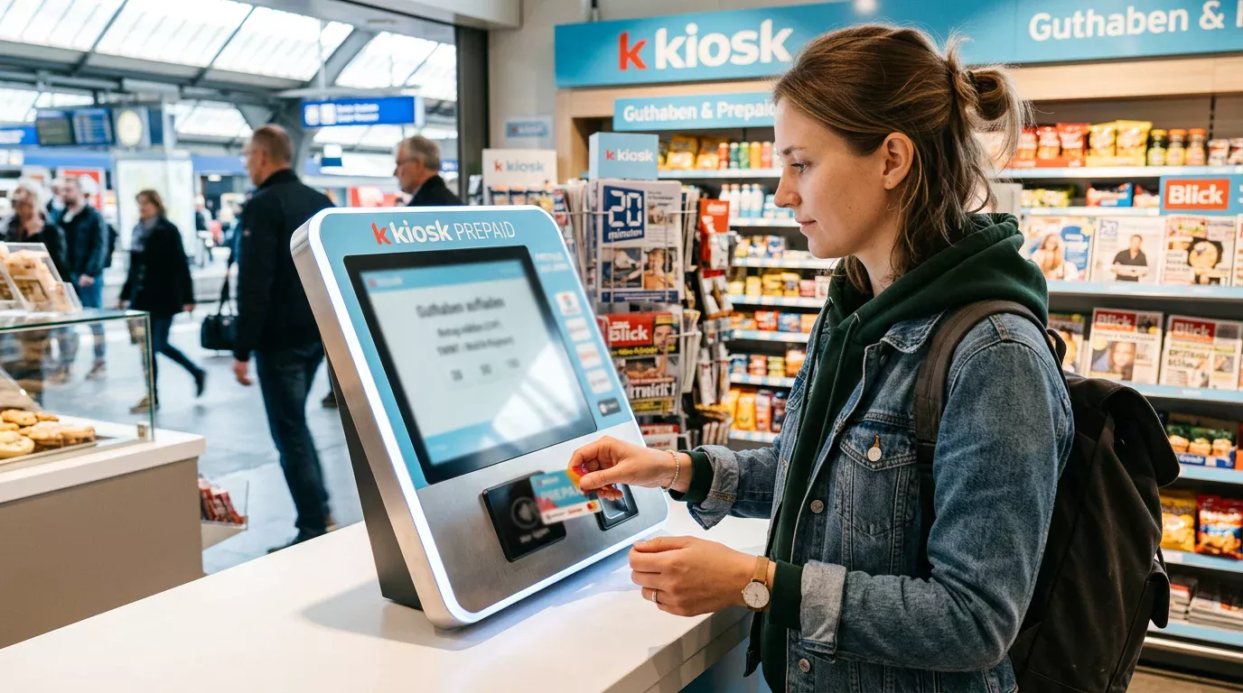 Person lädt Prepaid-Guthaben an einem Schweizer Kiosk-Terminal auf