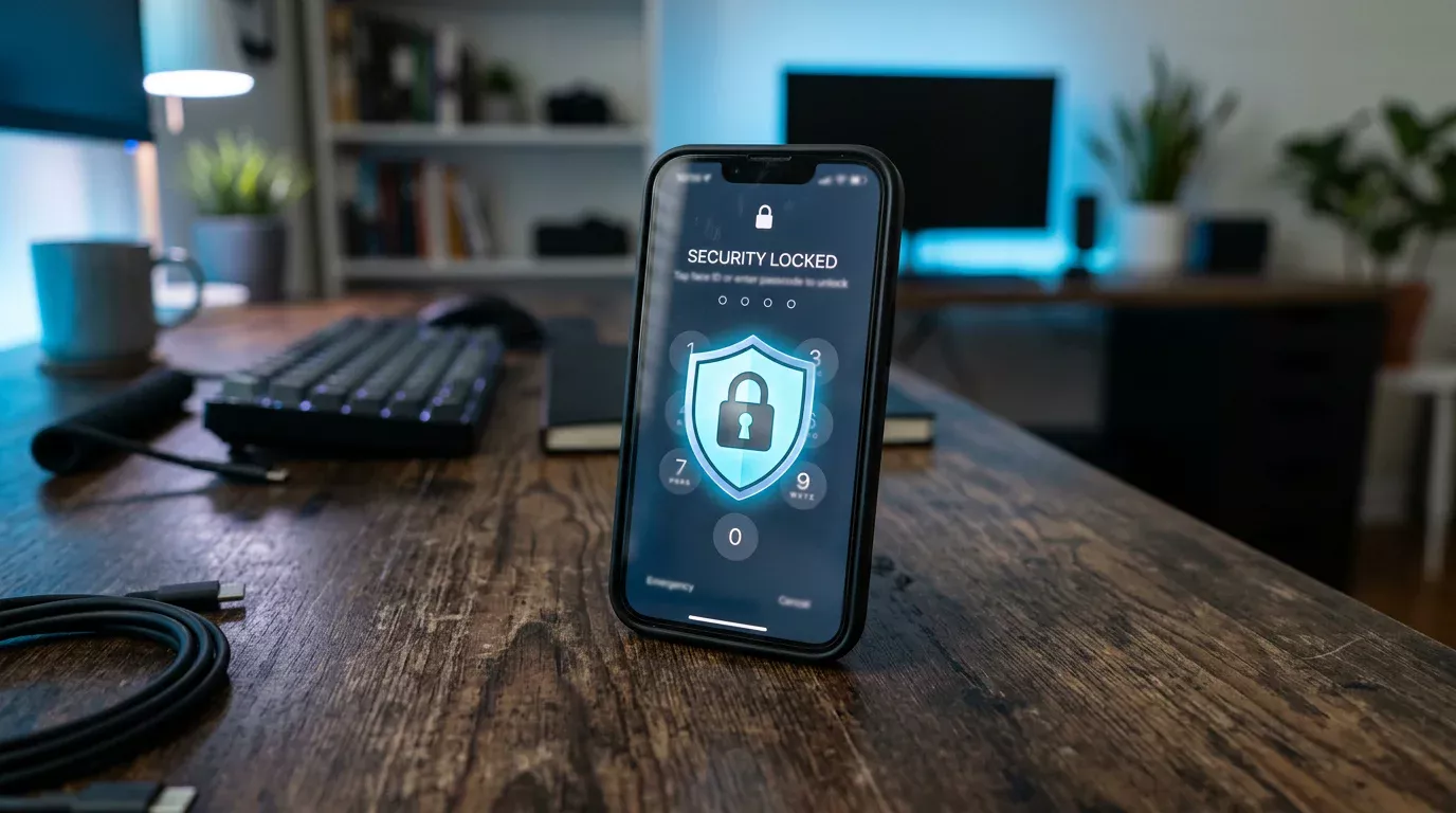 Sicherheitsschloss-Symbol neben einem Smartphone