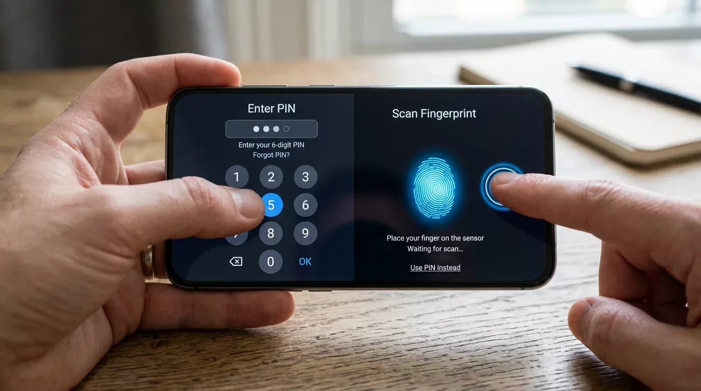 Vergleich PIN und Fingerabdruck auf zwei Smartphone-Screens