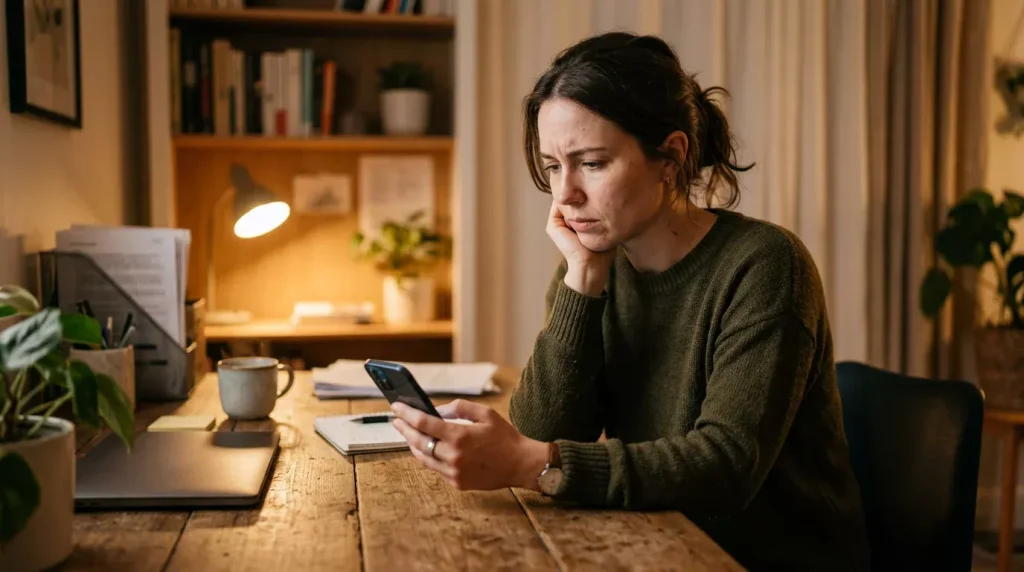 Person blickt besorgt auf ein Smartphone mit Online-Casino-App