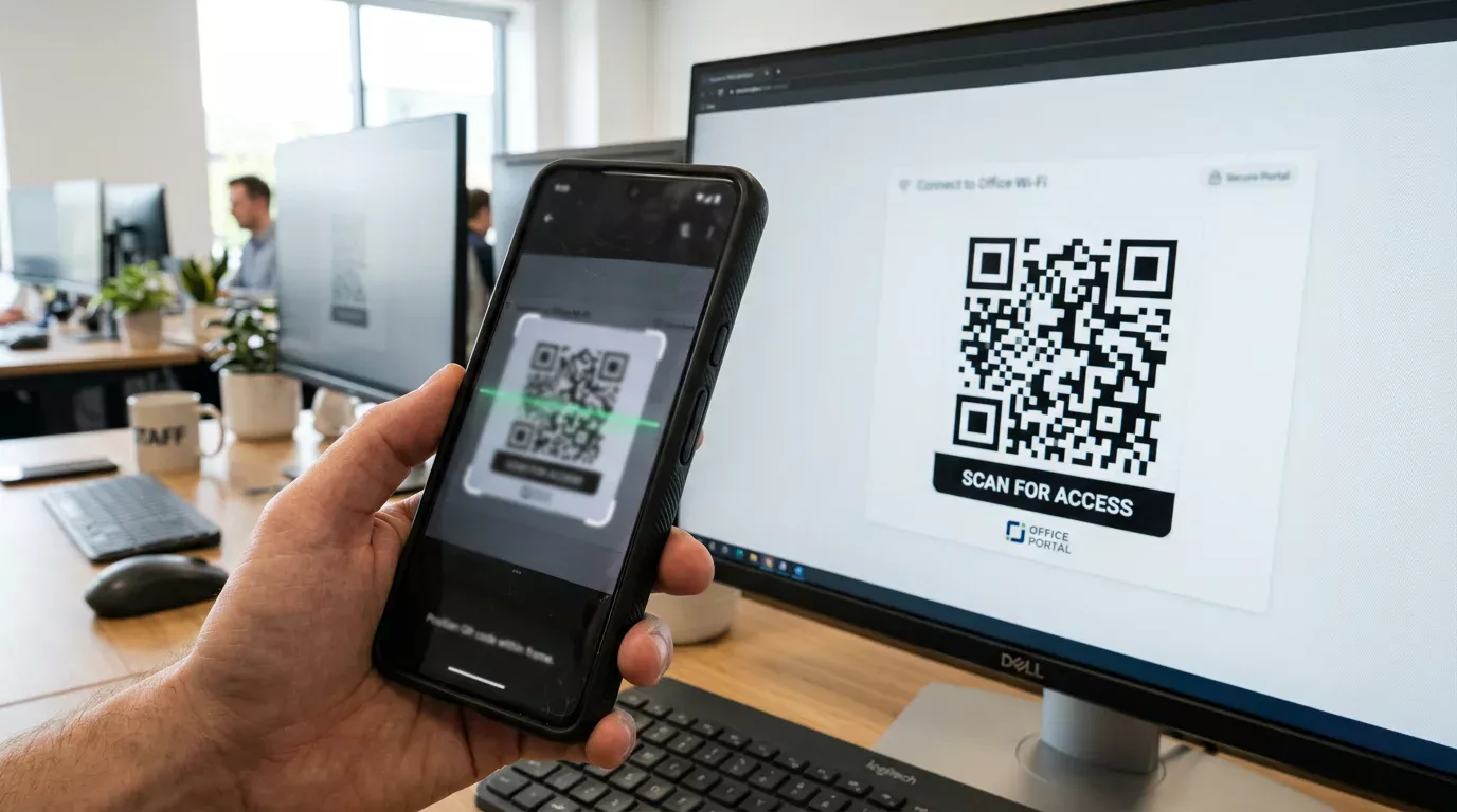 Smartphone-Kamera scannt QR-Code auf einem Monitor