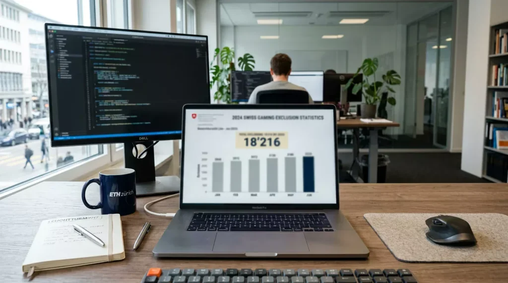 Balkendiagramm mit Schweizer Spielsperren-Statistik 2024 auf Laptop