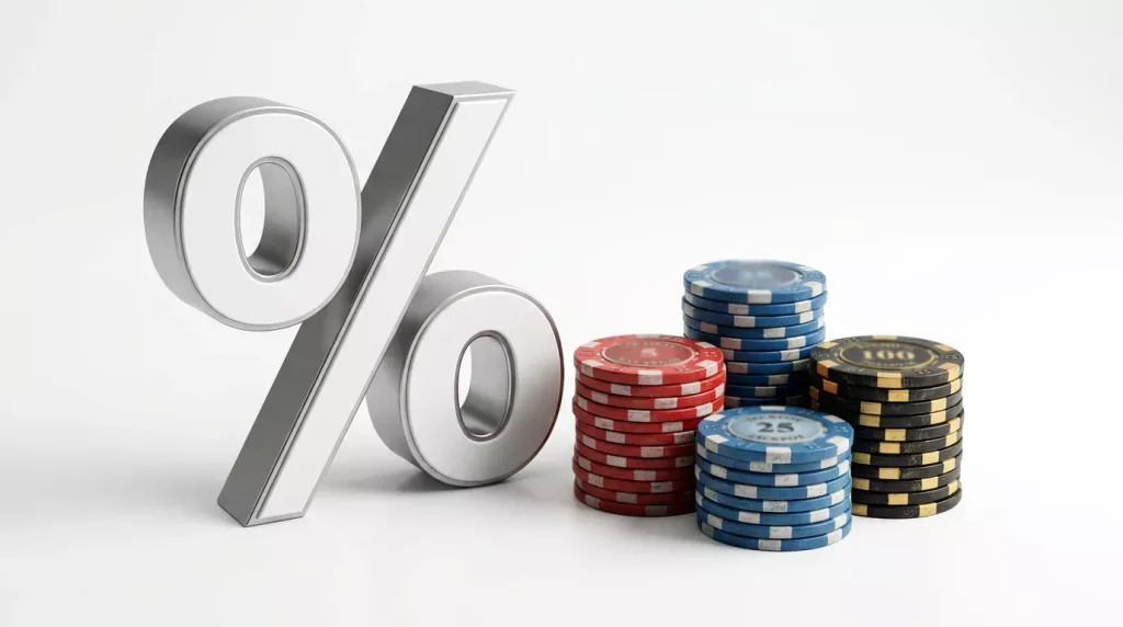 Prozent-Symbol neben Casino-Chips als Symbol der Spielbankenabgabe