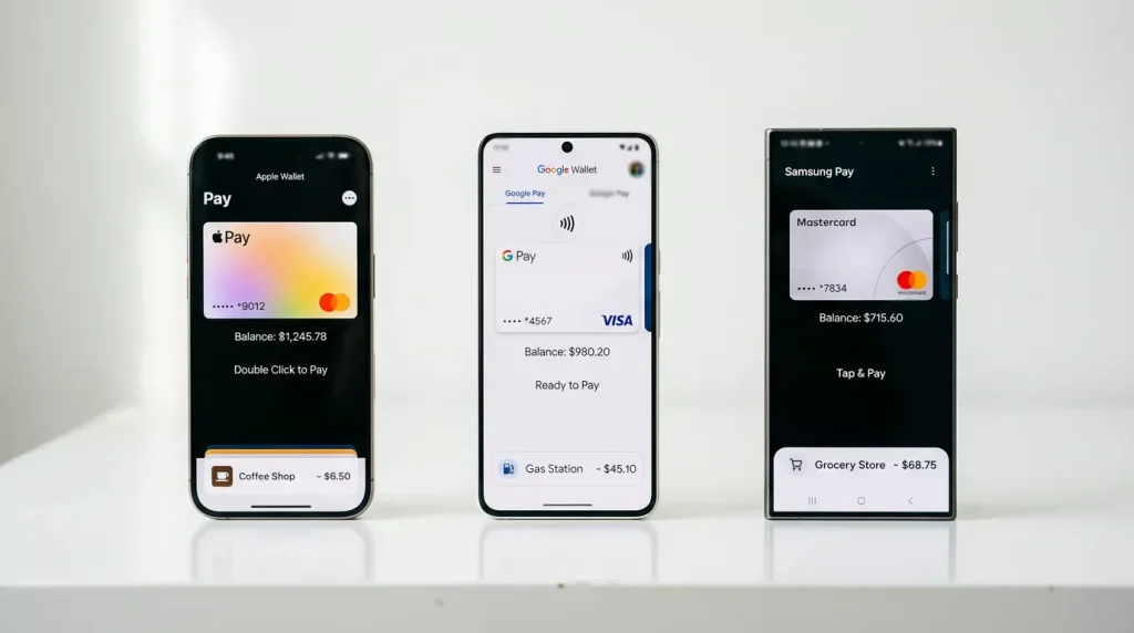 Drei Smartphones mit verschiedenen mobilen Zahlungs-Apps nebeneinander