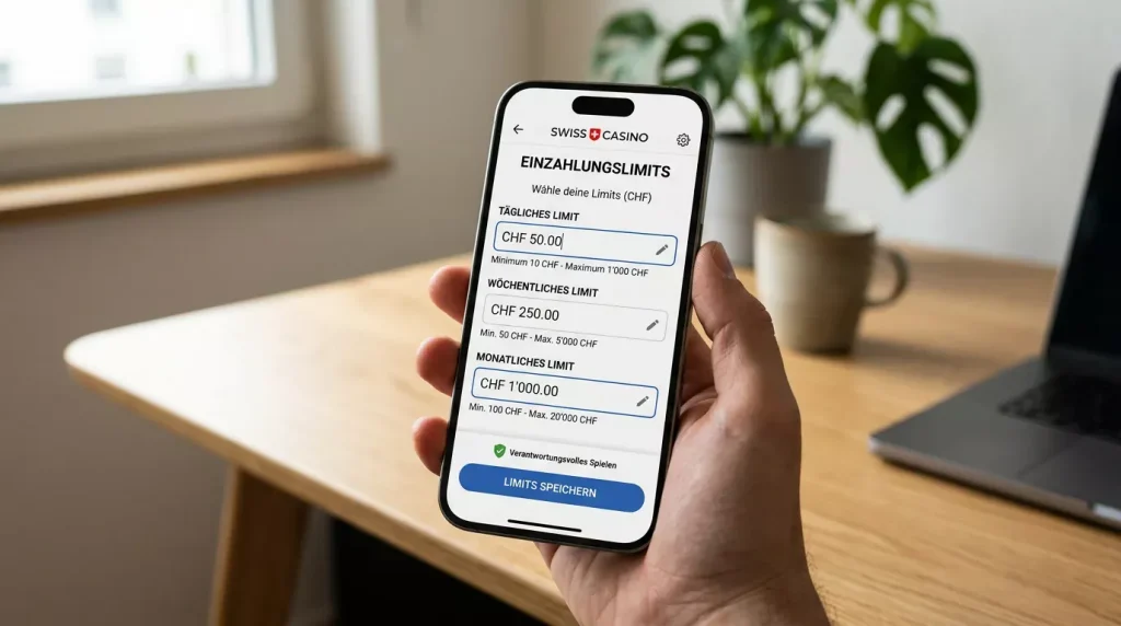 Smartphone mit Casino-Account-Limit-Einstellung auf dem Display