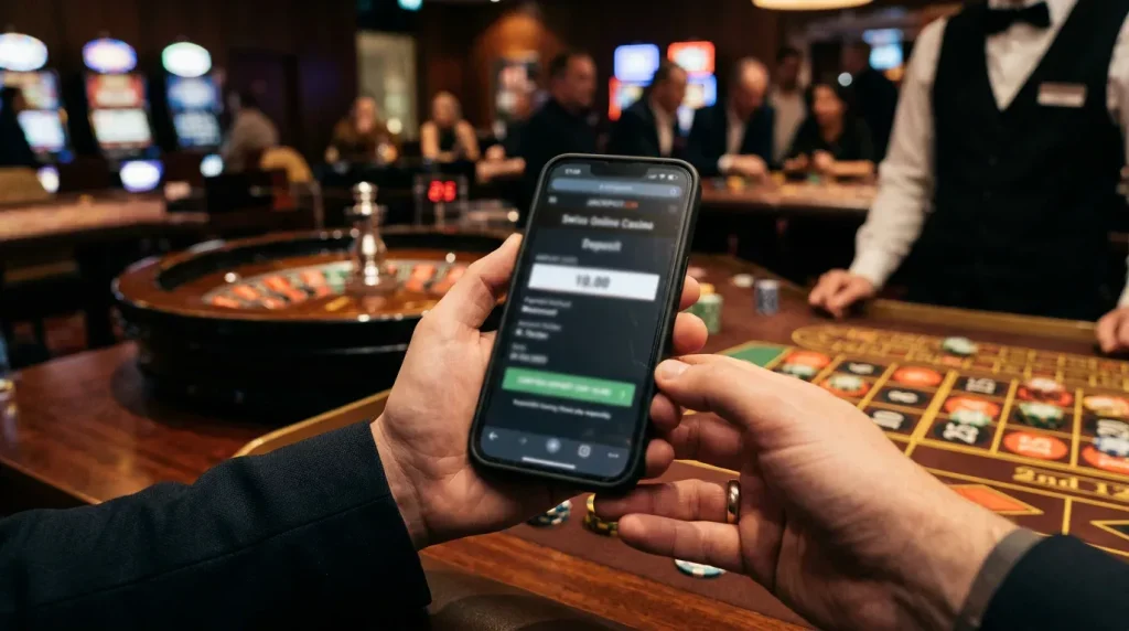 Smartphone mit TWINT-App und CHF-10-Einzahlungsbetrag über Casino-Atmosphäre