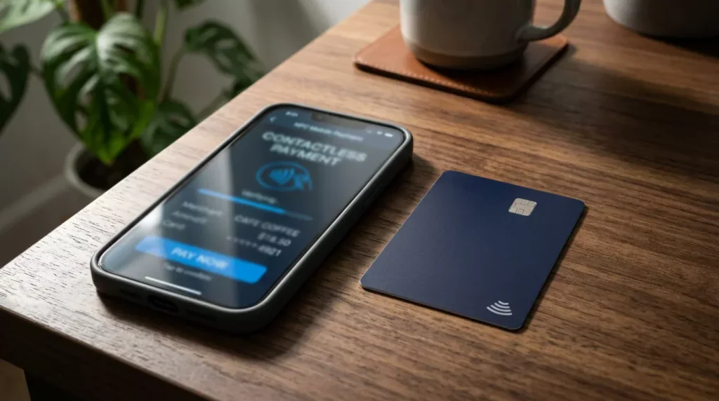 Smartphone mit TWINT neben einem symbolischen Kreditkarten-Symbol