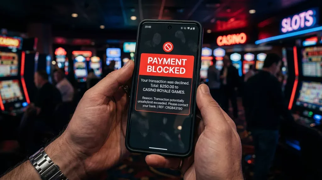 Rotes Stop-Zeichen auf Smartphone-Bildschirm bei blockierter Casino-Zahlung