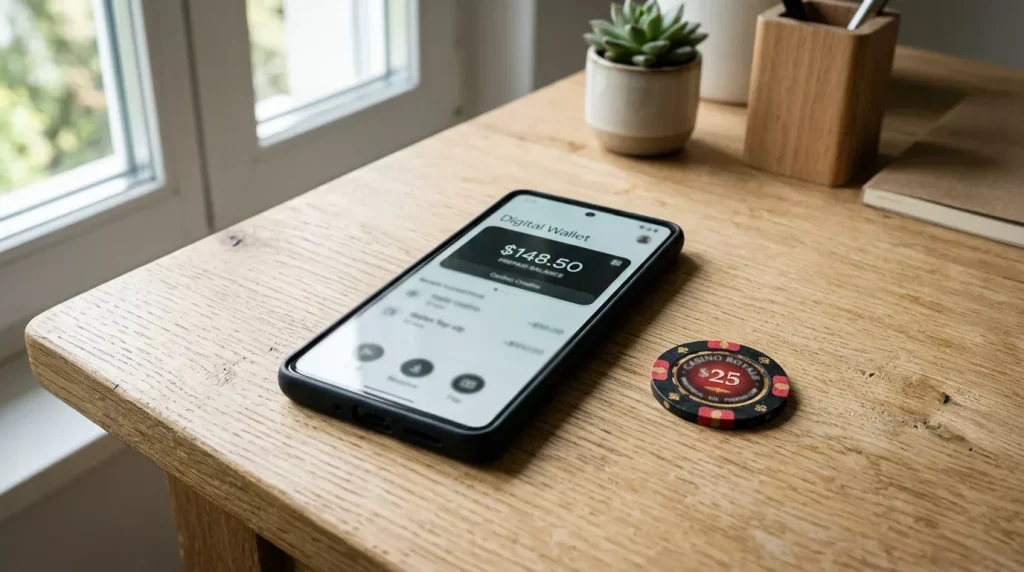 Smartphone mit TWINT-Prepaid-App und Casino-Symbol auf einem Schreibtisch
