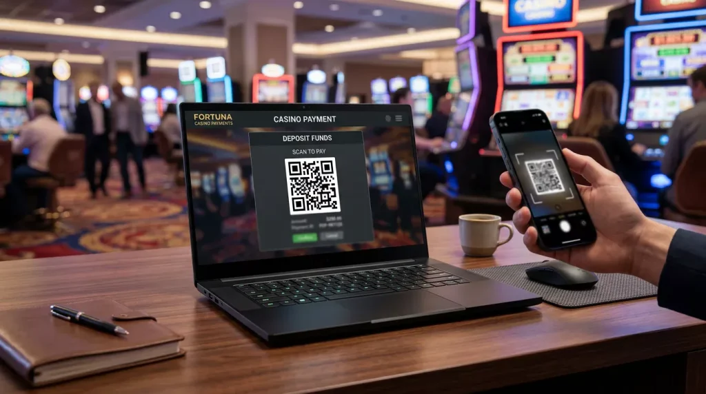 Laptop mit QR-Code für Casino-Einzahlung, daneben ein Smartphone mit TWINT