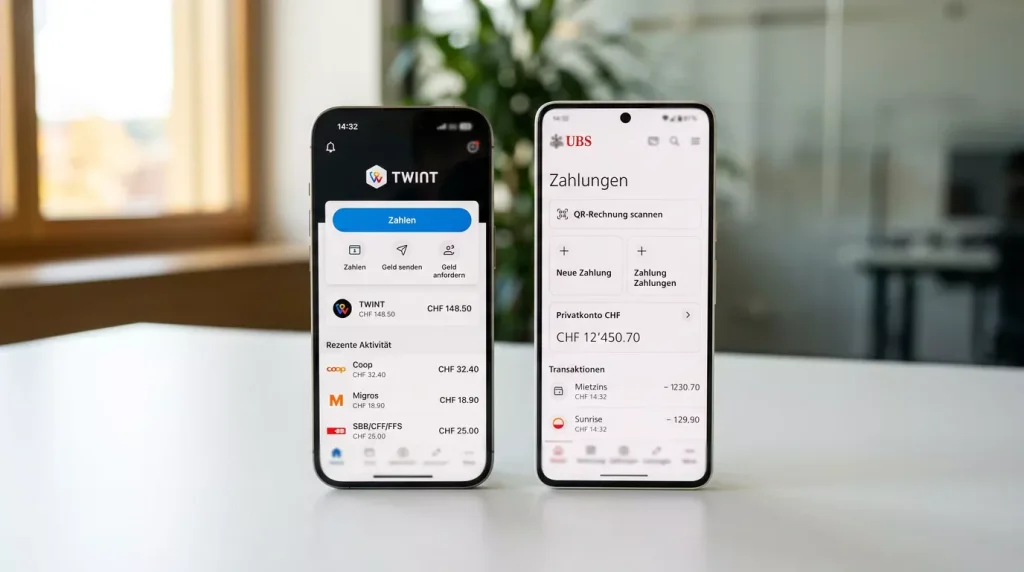 Zwei Smartphones mit TWINT und PostFinance-App nebeneinander auf einem Tisch