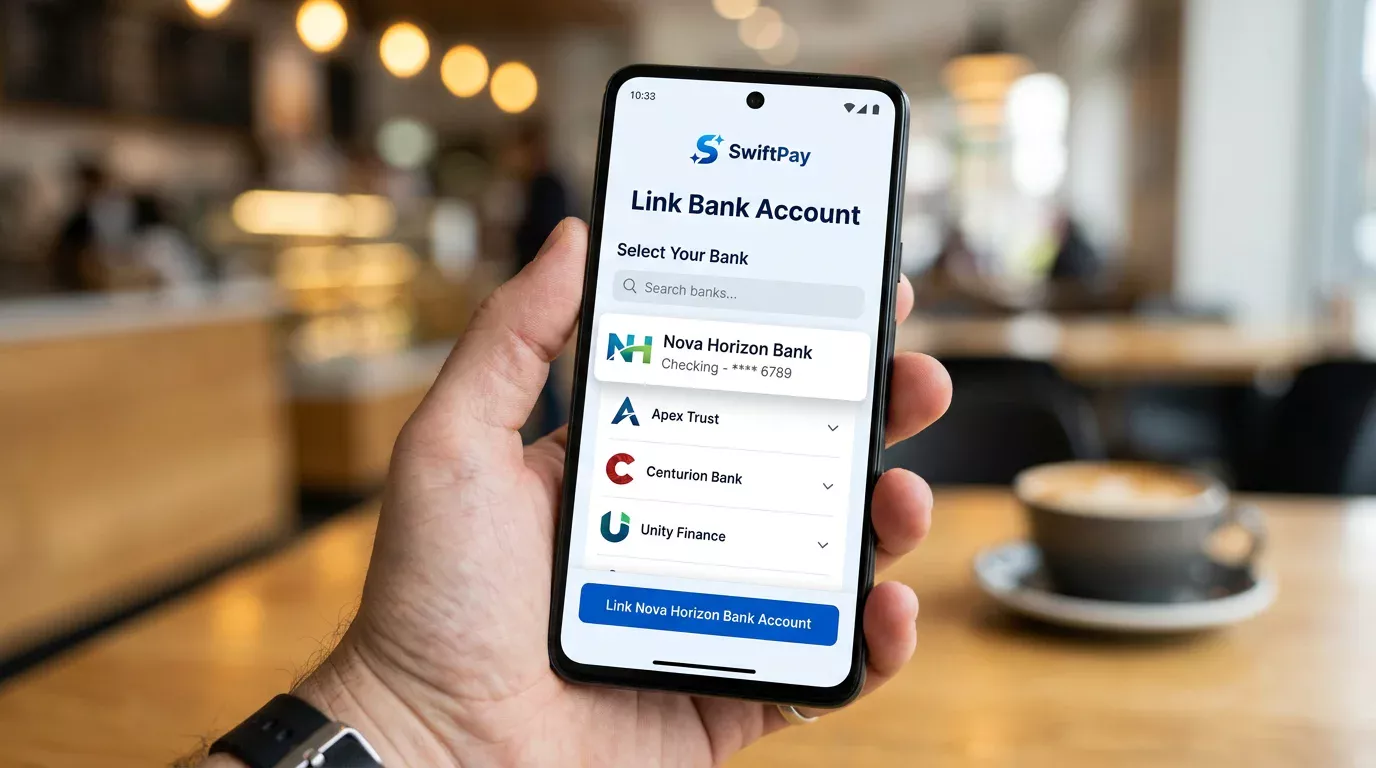 Smartphone verknüpft eine digitale Wallet mit einem Bankkonto